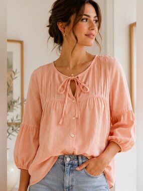 Mango Blush Pink Linen Blend Puff Sleeve Blouse Tie Neck Romantic Top Size 10